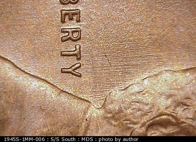 Die-stage B marker on 1945S•1MM•006 (1945 Repunched Mint Mark).