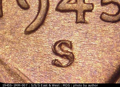 1945 Lincoln cent obverse, CopperCoins die 1945S•1MM•007.