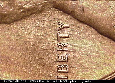Die-stage B marker on 1945S•1MM•007 (1945 Repunched Mint Mark).