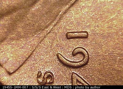 Die-stage B marker on 1945S•1MM•007 (1945 Repunched Mint Mark).