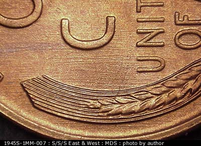 Die-stage B marker on 1945S•1MM•007 (1945 Repunched Mint Mark).