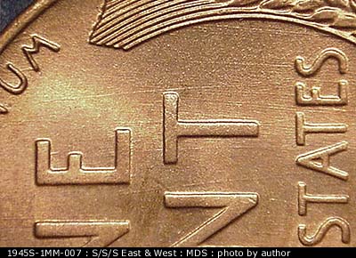 Die-stage B marker on 1945S•1MM•007 (1945 Repunched Mint Mark).