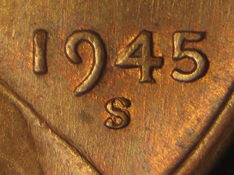 Die-stage B marker on 1945S•1MM•014 (1945 Repunched Mint Mark).
