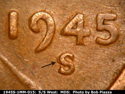1945 Lincoln cent obverse, CopperCoins die 1945S•1MM•015.