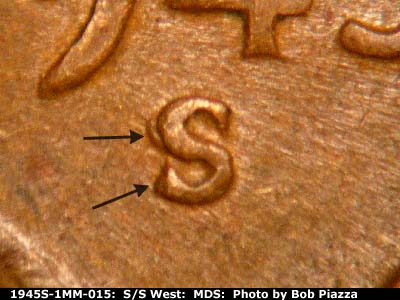 Die-stage B marker on 1945S•1MM•015 (1945 Repunched Mint Mark).