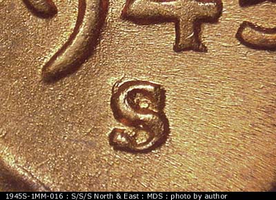1945 Lincoln cent obverse, CopperCoins die 1945S•1MM•016.