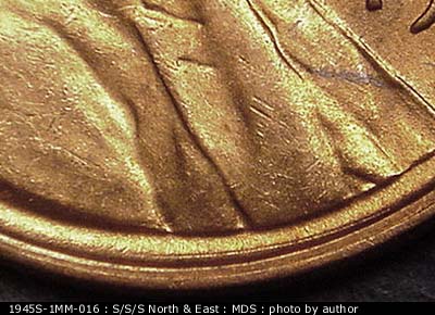 Die-stage B marker on 1945S•1MM•016 (1945 Repunched Mint Mark).