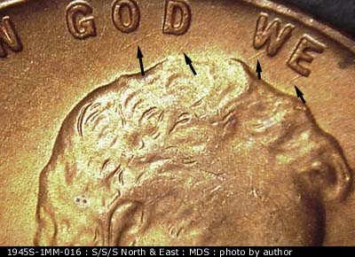 Die-stage B marker on 1945S•1MM•016 (1945 Repunched Mint Mark).