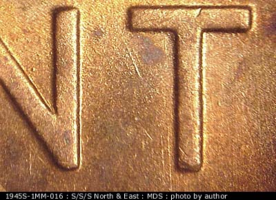 Die-stage B marker on 1945S•1MM•016 (1945 Repunched Mint Mark).