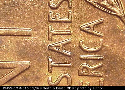 Die-stage B marker on 1945S•1MM•016 (1945 Repunched Mint Mark).