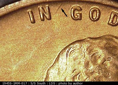 Die-stage C marker on 1945S•1MM•017 (1945 Repunched Mint Mark).