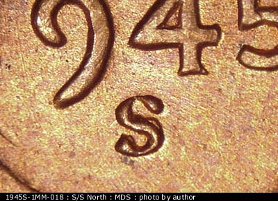 1945 Lincoln cent obverse, CopperCoins die 1945S•1MM•018.
