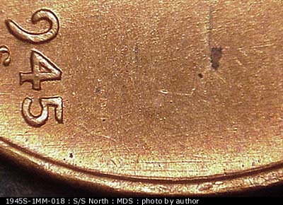 Die-stage B marker on 1945S•1MM•018 (1945 Repunched Mint Mark).