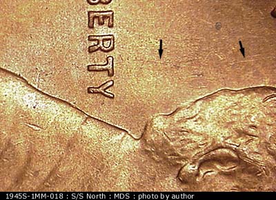 Die-stage B marker on 1945S•1MM•018 (1945 Repunched Mint Mark).