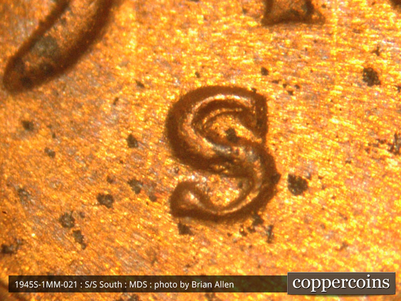 1945 Lincoln cent obverse, CopperCoins die 1945S•1MM•021.