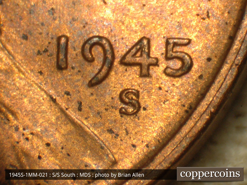 Die-stage B marker on 1945S•1MM•021 (1945 Repunched Mint Mark).