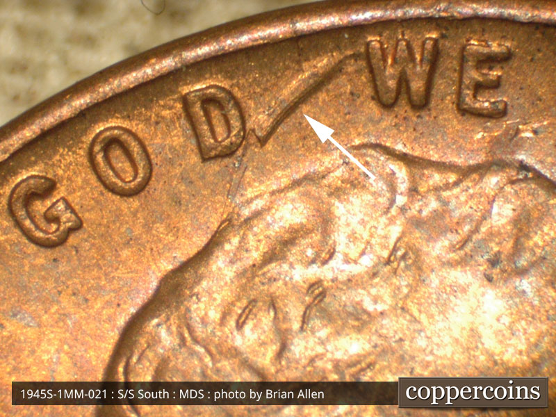 Die-stage B marker on 1945S•1MM•021 (1945 Repunched Mint Mark).