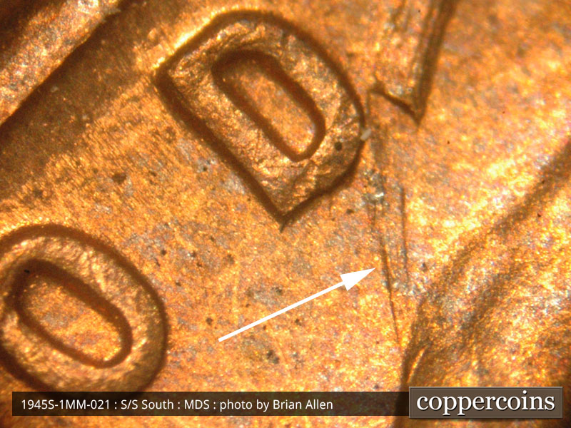 Die-stage B marker on 1945S•1MM•021 (1945 Repunched Mint Mark).