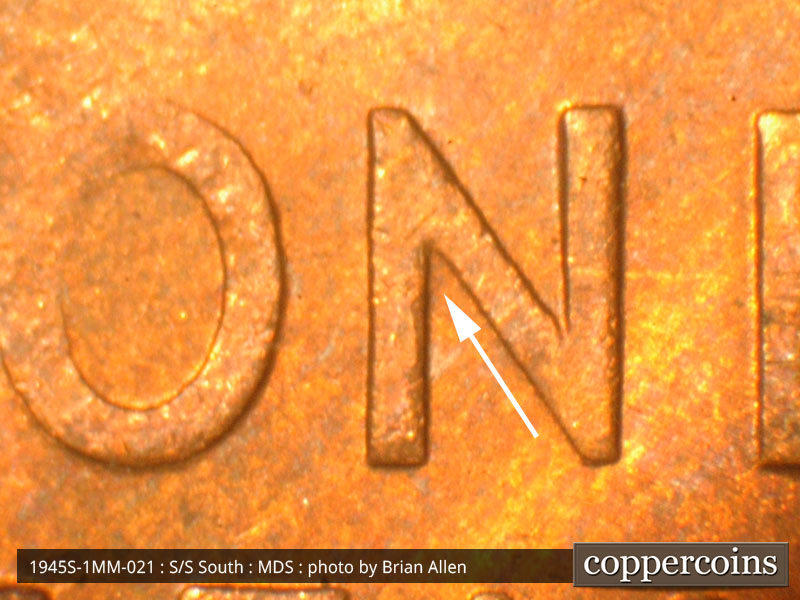 Die-stage B marker on 1945S•1MM•021 (1945 Repunched Mint Mark).