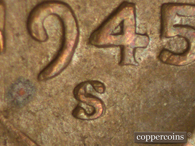 1945 Lincoln cent obverse, CopperCoins die 1945S•1MM•022.