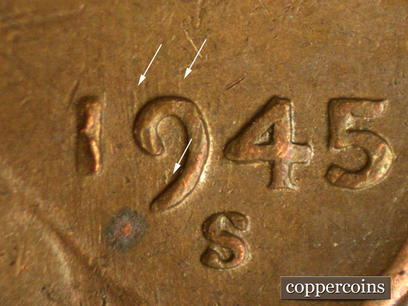 Die-stage B marker on 1945S•1MM•022 (1945 Repunched Mint Mark).