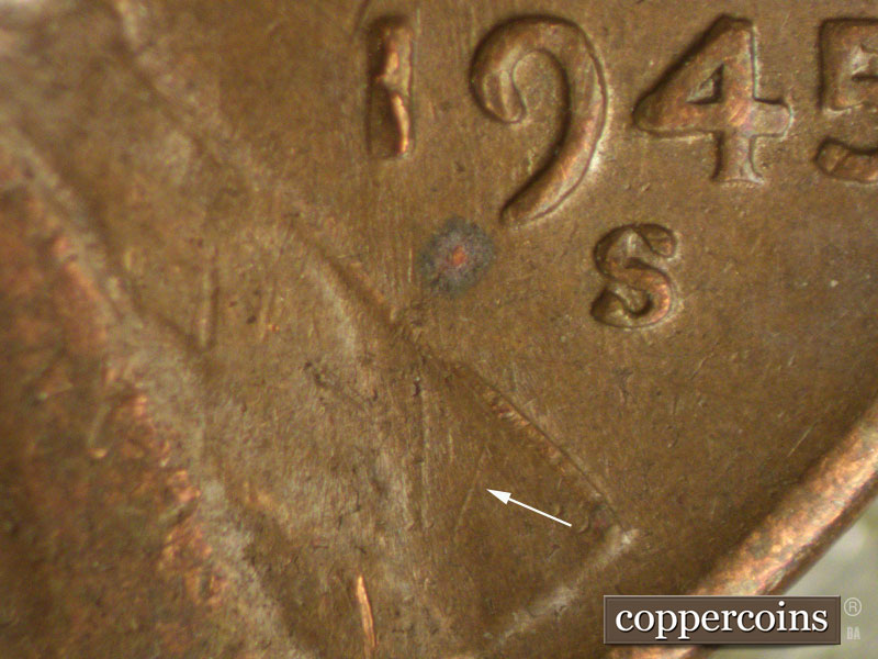 Die-stage B marker on 1945S•1MM•022 (1945 Repunched Mint Mark).