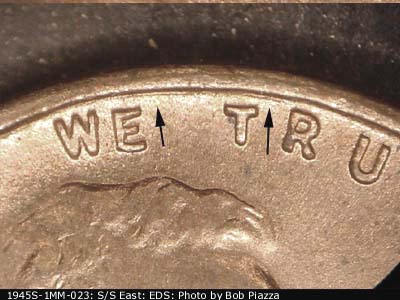 Die-stage A marker on 1945S•1MM•023 (1945 Repunched Mint Mark).