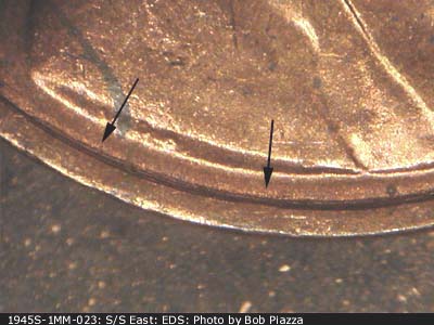 Die-stage A marker on 1945S•1MM•023 (1945 Repunched Mint Mark).