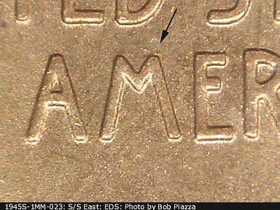 Die-stage A marker on 1945S•1MM•023 (1945 Repunched Mint Mark).
