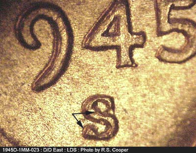Die-stage A marker on 1945S•1MM•023 (1945 Repunched Mint Mark).