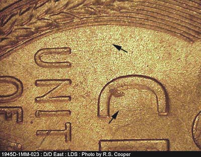 Die-stage A marker on 1945S•1MM•023 (1945 Repunched Mint Mark).