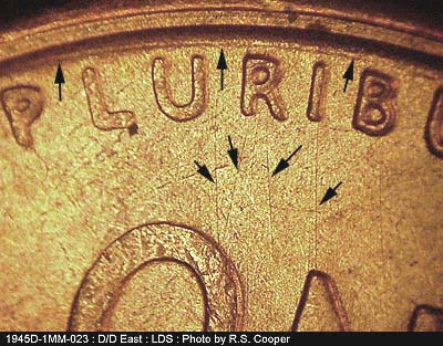 Die-stage A marker on 1945S•1MM•023 (1945 Repunched Mint Mark).