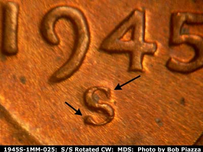 1945 Lincoln cent obverse, CopperCoins die 1945S•1MM•025.