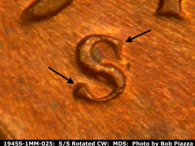 Die-stage B marker on 1945S•1MM•025 (1945 Repunched Mint Mark).