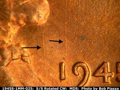 Die-stage B marker on 1945S•1MM•025 (1945 Repunched Mint Mark).