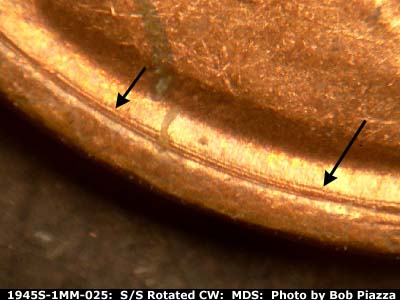 Die-stage B marker on 1945S•1MM•025 (1945 Repunched Mint Mark).
