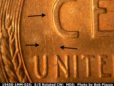 Die-stage B marker on 1945S•1MM•025 (1945 Repunched Mint Mark).