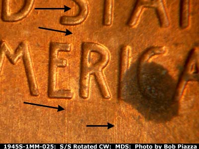 Die-stage B marker on 1945S•1MM•025 (1945 Repunched Mint Mark).