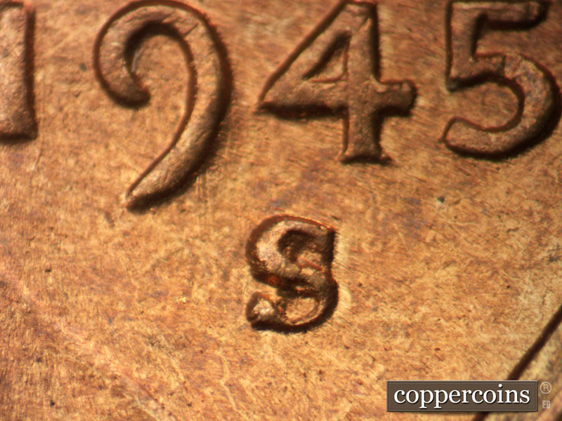 1945 Lincoln cent obverse, CopperCoins die 1945S•1MM•029.