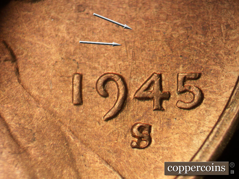 Die-stage B marker on 1945S•1MM•029 (1945 Repunched Mint Mark).