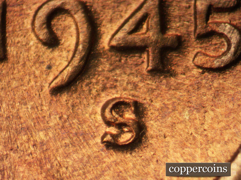 1945 Lincoln cent obverse, CopperCoins die 1945S•1MM•030.