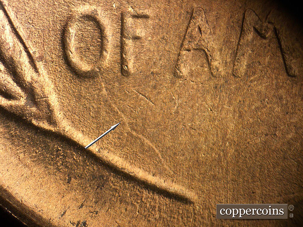 Die-stage B marker on 1945S•1MM•031 showing Die clash from O in OF to left wheat stem tip.