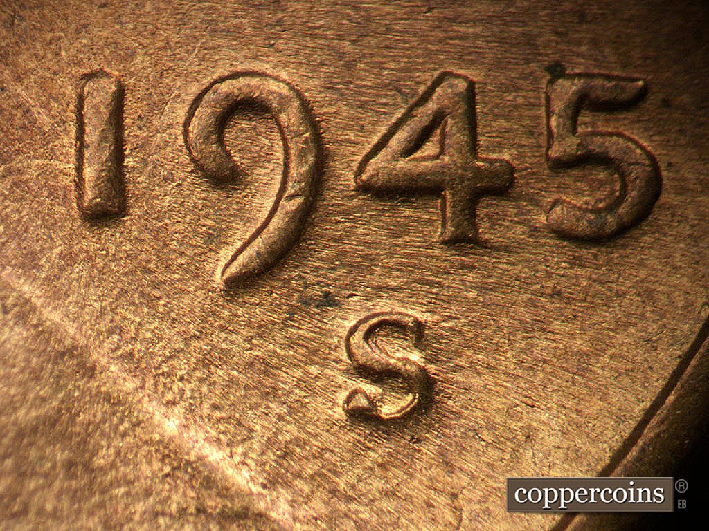 Die-stage C marker on 1945S•1MM•032 showing Closeup of repunched mintmark.