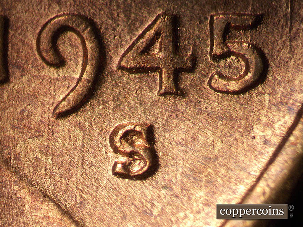 Die-stage B marker on 1945S•1MM•033 showing Closeup of repunched mintmark.