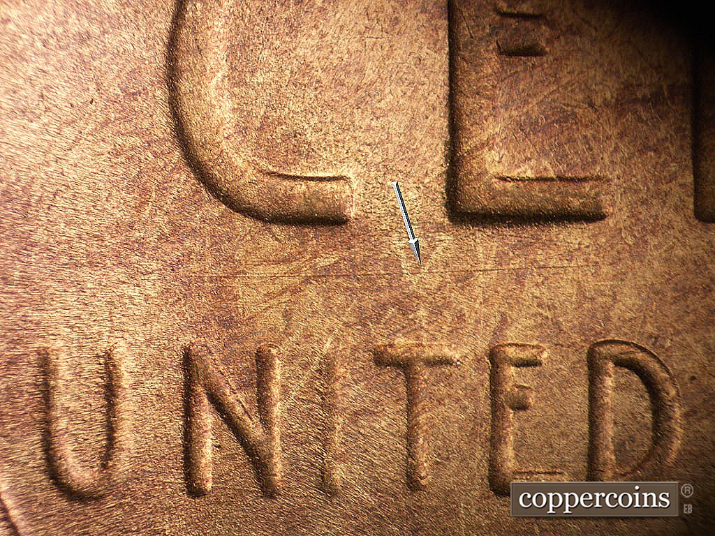 Die-stage B marker on 1945S•1MM•033 showing E/W die scratch undser C in CENT.