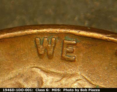 Die-stage B marker on 1946D•1DO•001 (1946 Doubled Die Obverse).