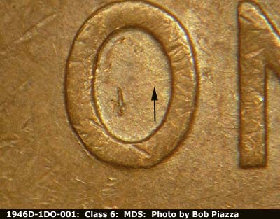 Die-stage B marker on 1946D•1DO•001 (1946 Doubled Die Obverse).