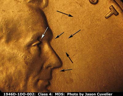 Die-stage B marker on 1946D•1DO•002 (1946 Doubled Die Obverse).