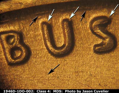 Die-stage B marker on 1946D•1DO•002 (1946 Doubled Die Obverse).