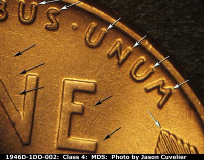 Die-stage B marker on 1946D•1DO•002 (1946 Doubled Die Obverse).